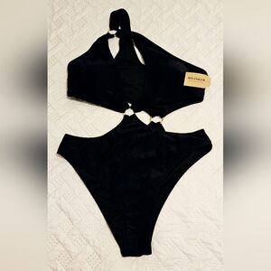 NWT Hilinker Women's Halter One Piece Gold O-Ring Black Monokini Size M